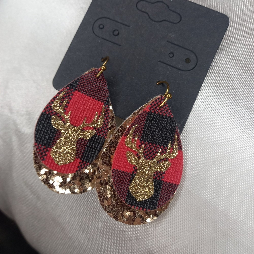 Cute Buffalo Plaid and Gold Glitter Earrings